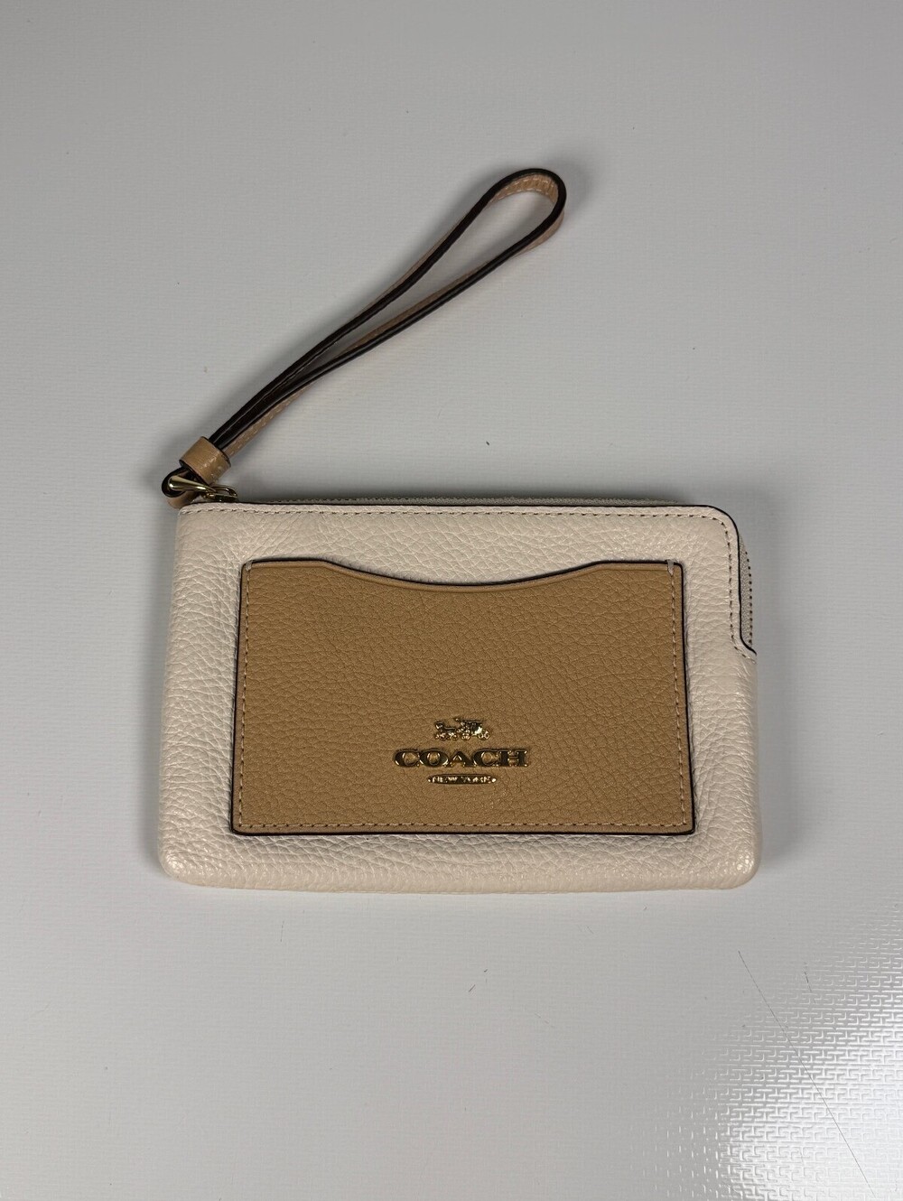 Coach Chalk White Tan Textured Leather Corner Zip Wristlet Small Colorblock